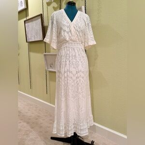 Anthropologie Cream Burnout Patterned V neck Maxi Dress